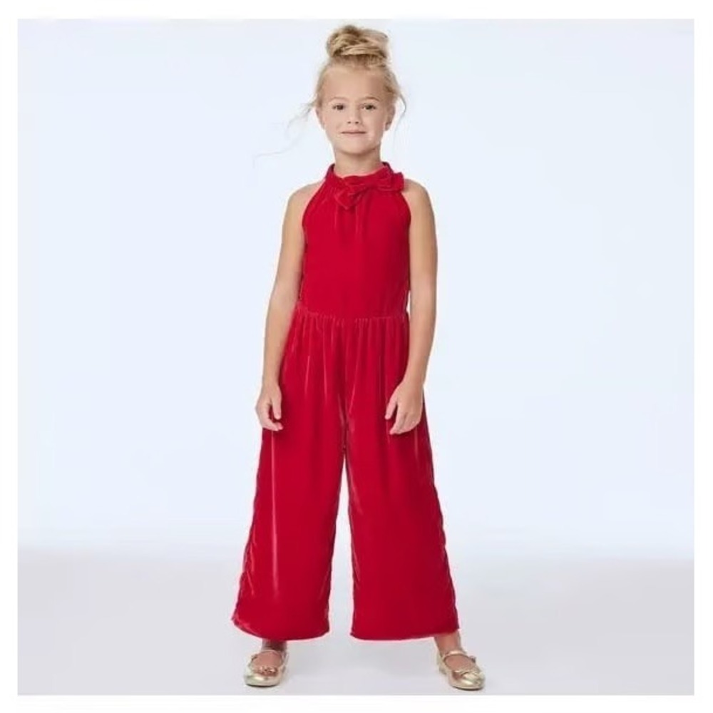 Janie and Jack Red Velvet Jumpsuit Girls 7 Holiday Bow Halter Wide Leg Festive